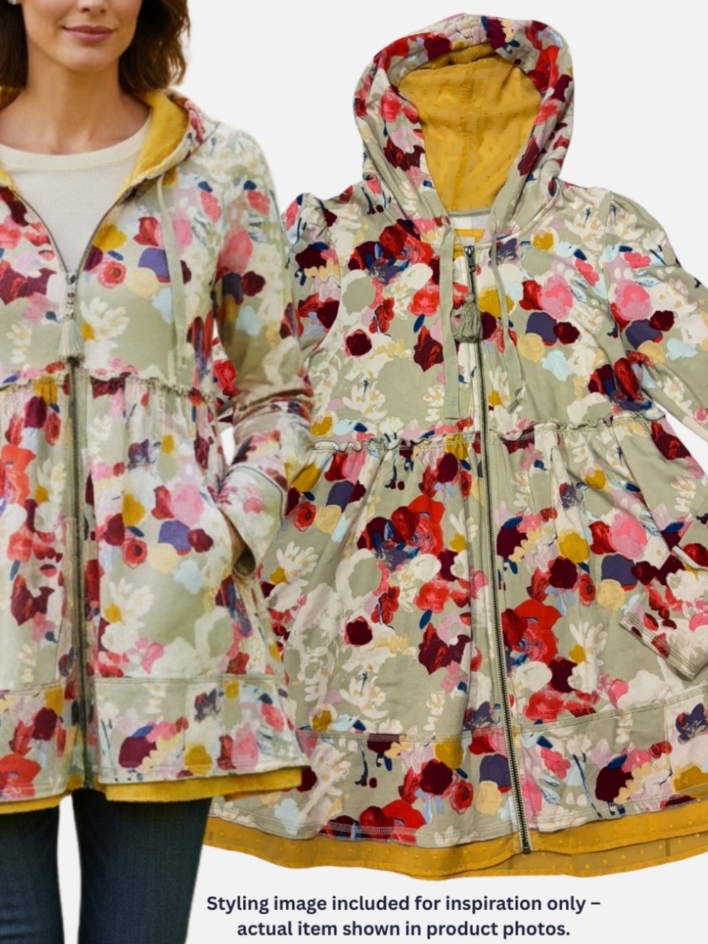 Evy’s Tree Sophie Floral Baby-doll Zip-up Hoodie Peplum Jacket Micro Mini Lg